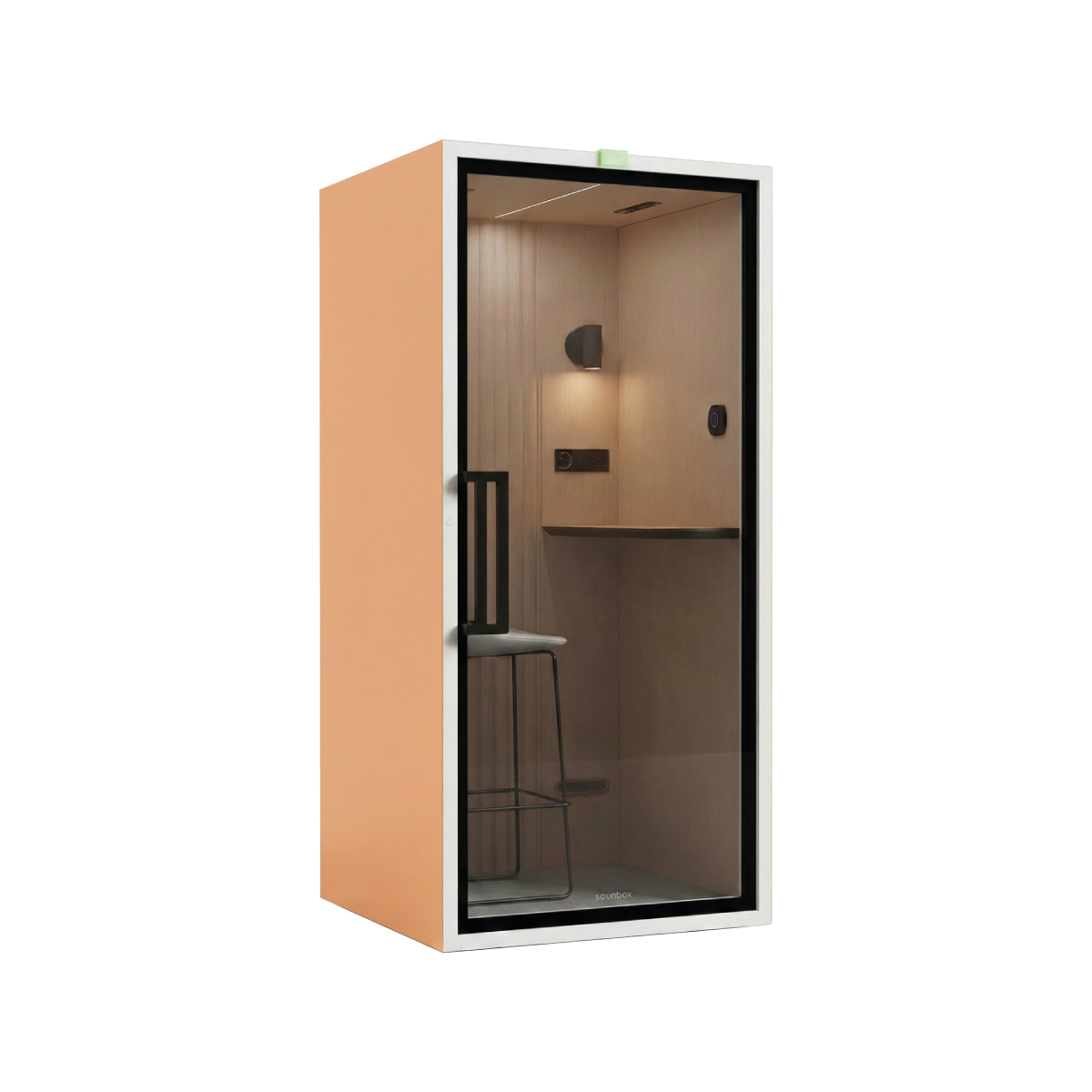 Amsterdam akoestische belcel in kleur oranje met hoogwaardig geluidsisolatie voor privacy tijdens gesprekken en videocalls.